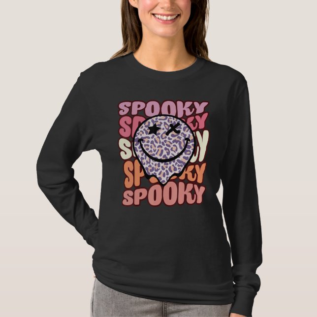 Groovy Spooky Leopard Face Happy Halloween Retro H T-Shirt (Front)