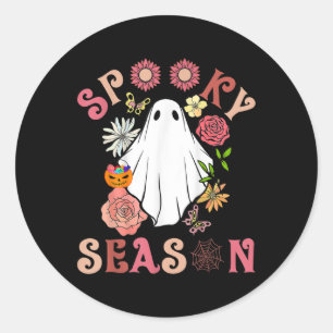 Groovy Spooky Season Cute Ghost Holding Pumpkin Ha Classic Round Sticker