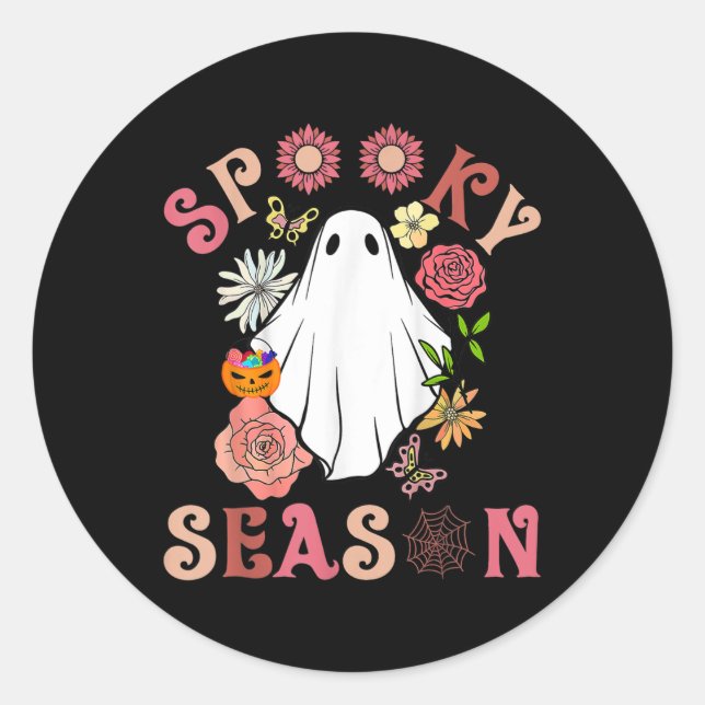 Groovy Spooky Season Cute Ghost Holding Pumpkin Ha Classic Round Sticker (Front)