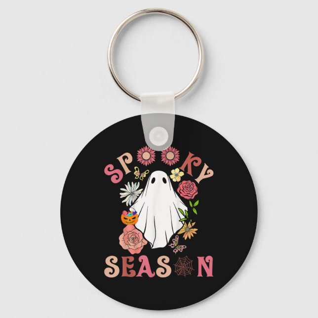 Groovy Spooky Season Cute Ghost Holding Pumpkin Ha Key Ring (Front)