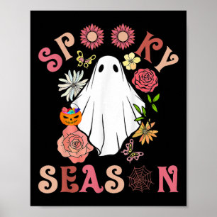 Groovy Spooky Season Cute Ghost Holding Pumpkin Ha Poster