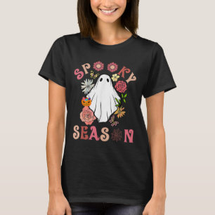 Groovy Spooky Season Cute Ghost Holding Pumpkin Ha T-Shirt