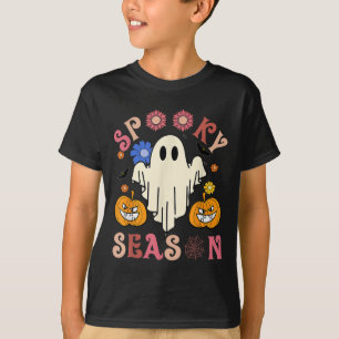 Groovy Spooky Season Cute Ghost Holding Pumpkin Ha T-Shirt