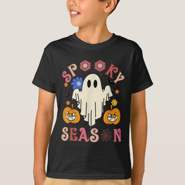 Groovy Spooky Season Cute Ghost Holding Pumpkin Ha T-Shirt (Front)
