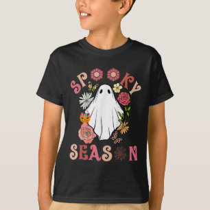 Groovy Spooky Season Cute Ghost Holding Pumpkin Ha T-Shirt