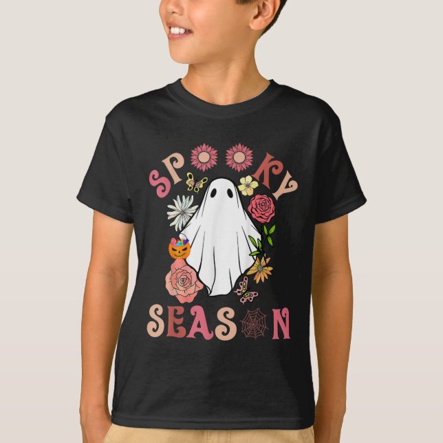 Groovy Spooky Season Cute Ghost Holding Pumpkin Ha T-Shirt (Front)