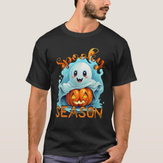 Groovy Spooky Season Cute Ghost Holding Pumpkin Ha T-Shirt