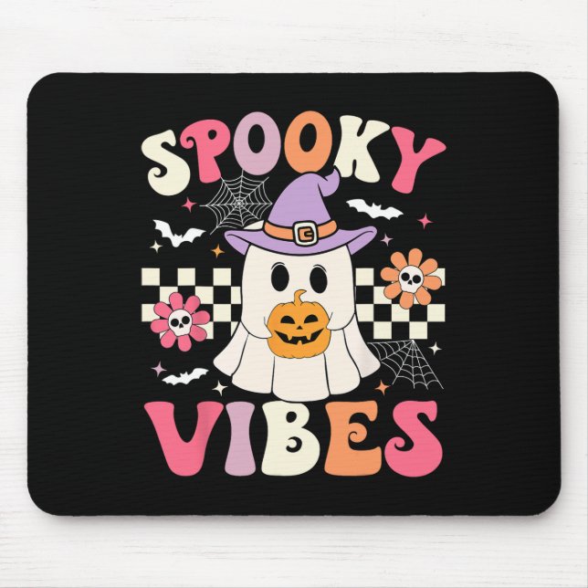 Groovy Spooky Vibes Retro Ghost Holding Pumpkin Ha Mouse Pad (Front)