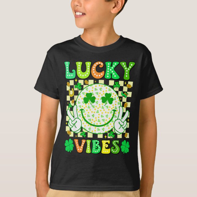 Groovy St Patricks Day Lucky Vibes Shamrock Women  T-Shirt (Front)