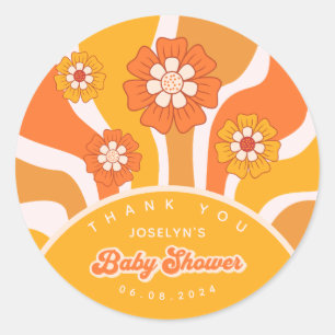 Groovy Sunshine 60s Retro Floral Baby Boy Shower Classic Round Sticker