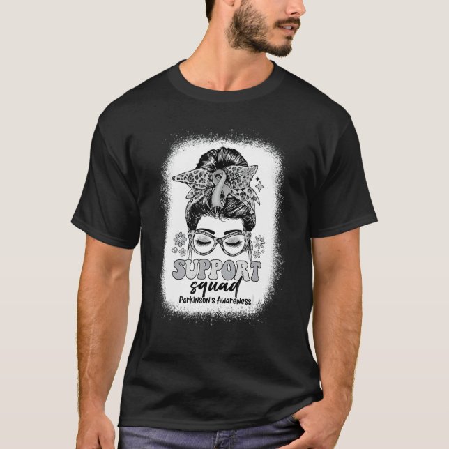 Groovy Support Squad Messy Bun Parkinson's Awarene T-Shirt (Front)