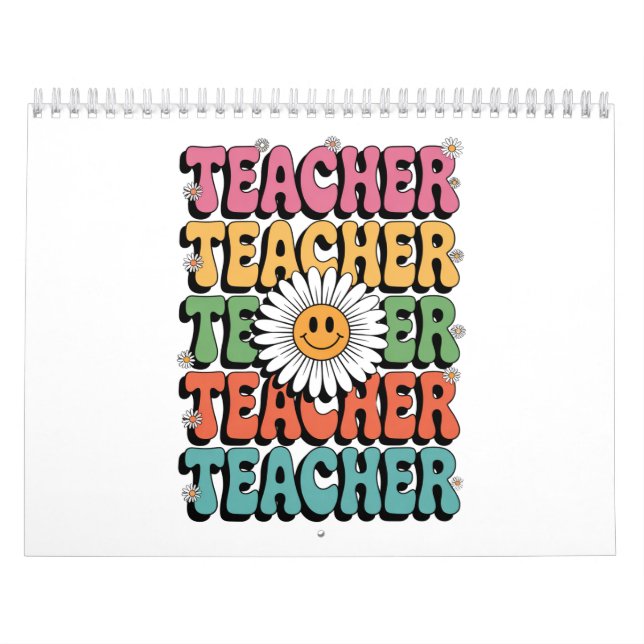 Groovy Teacher Cute Daisy Flower Retro Back School Calendar (Cover)