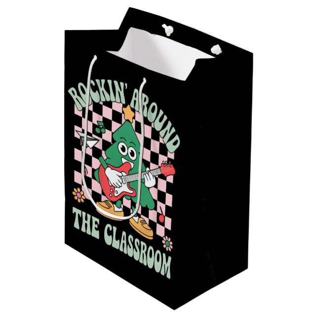 Groovy Teacher Xmas Rockin' Around The Classroom Medium Gift Bag (Front Angled)