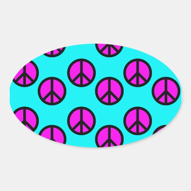 Groovy Teen Hippie Teal and Purple Peace Signs Oval Sticker (Front)