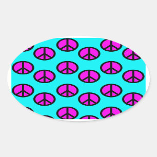 Groovy Teen Hippie Teal and Purple Peace Signs Oval Sticker
