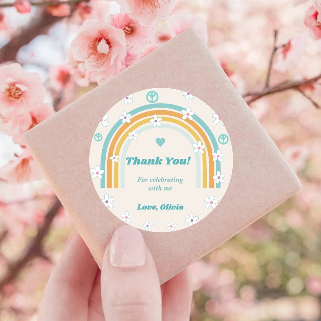 Groovy Thank You Boho Floral Rainbow  Classic Round Sticker (Creator Uploaded)
