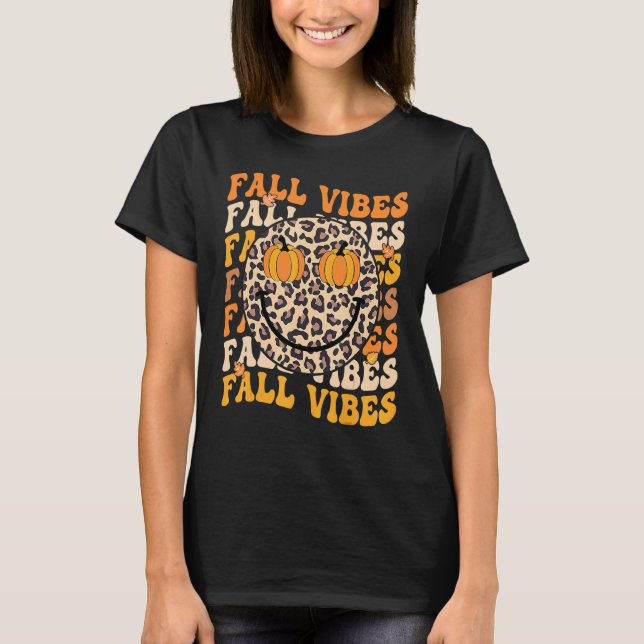 Groovy Thankful Hello Fall Leopard Retro Autumn Th T-Shirt (Front)