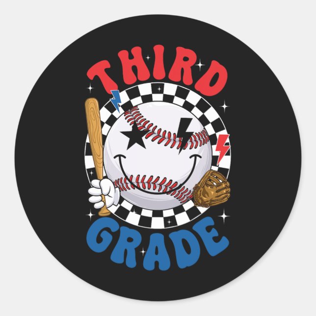 Groovy Third Grade Team Baseball First Day Of Scho Classic Round Sticker (Front)
