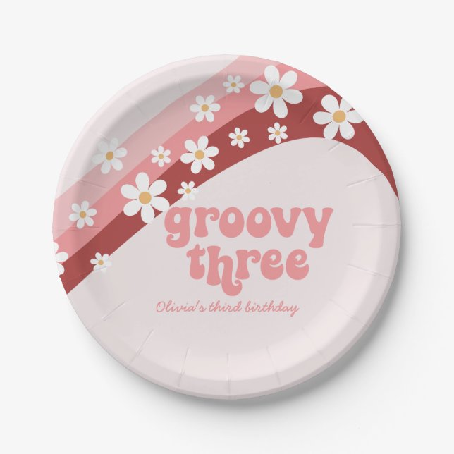 Groovy Three 3rd Birthday Pink Paper Napkin Paper Plate (Front)