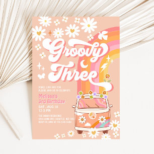 Groovy THREE Pink Peach Daisy Hippie Birthday Invitation