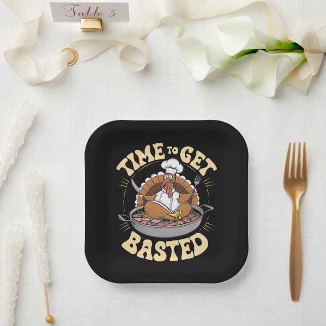Groovy Time To Get Basted Cute Turkey Thanksgiving Paper Plate (Wedding)