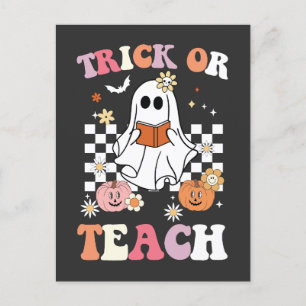 Groovy Trick Or Teach Teacher Halloween Ghost Retr Invitation Postcard