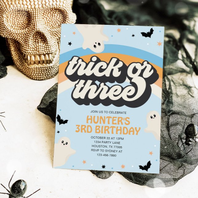 Groovy Trick or Three Boy 3rd Birthday Halloween Invitation (Creator Uploaded)