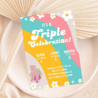 Groovy Triple Birthday Daisy Joint Sibling Party
