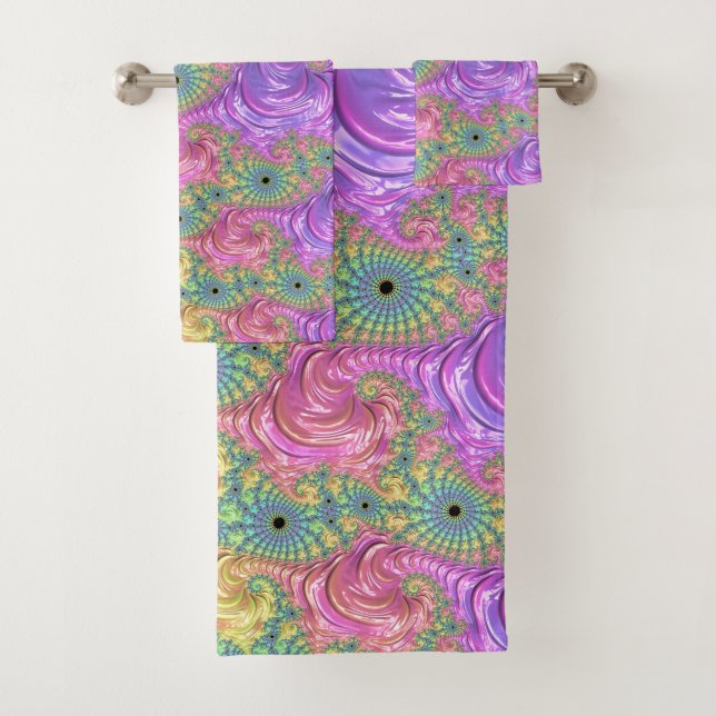 Groovy Trippy Boho Jewel Tone Rainbow Fractal Bath Towel Set (Insitu)