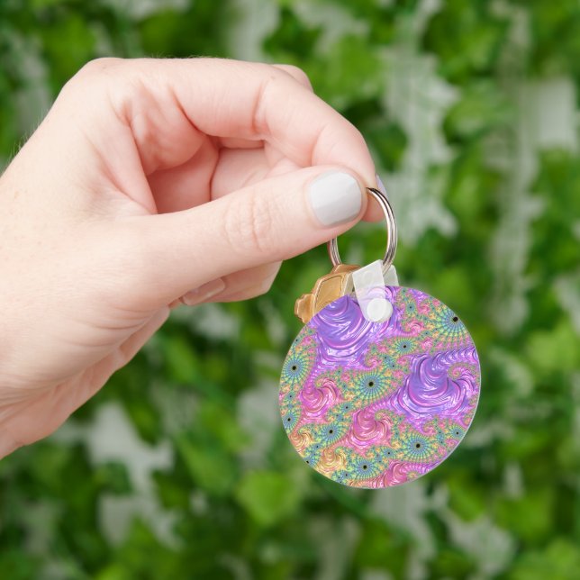 Groovy Trippy Boho Jewel Tone Rainbow Fractal Key Ring (Hand)