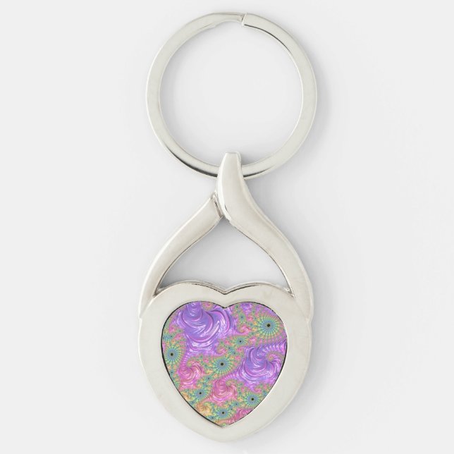 Groovy Trippy Boho Jewel Tone Rainbow Fractal Key Ring (Front)