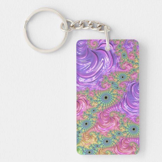 Groovy Trippy Boho Jewel Tone Rainbow Fractal Key Ring (Front)