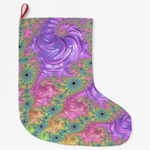 Groovy Trippy Boho Jewel Tone Rainbow Fractal Large Christmas Stocking