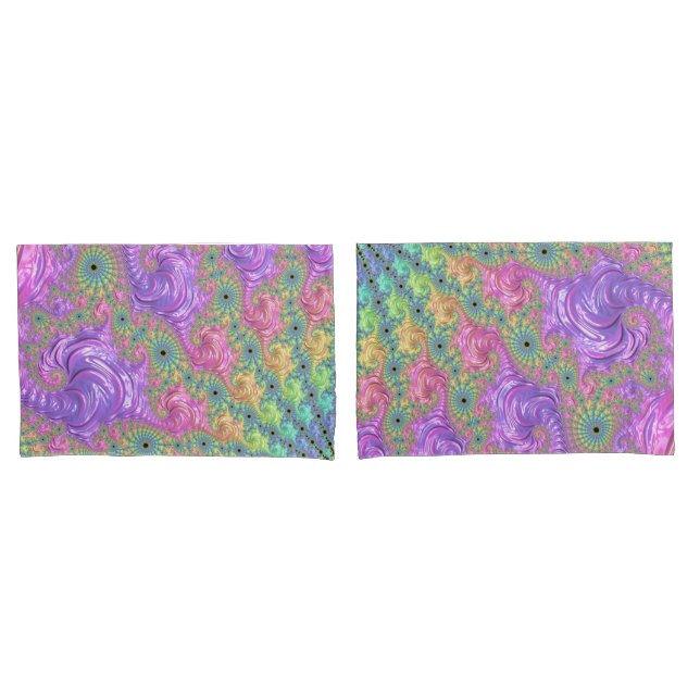 Groovy Trippy Boho Jewel Tone Rainbow Fractal Pillowcase (Front-Set)