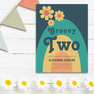 Groovy Two Retro Daisy 2nd Birthday Party Invitation Postcard