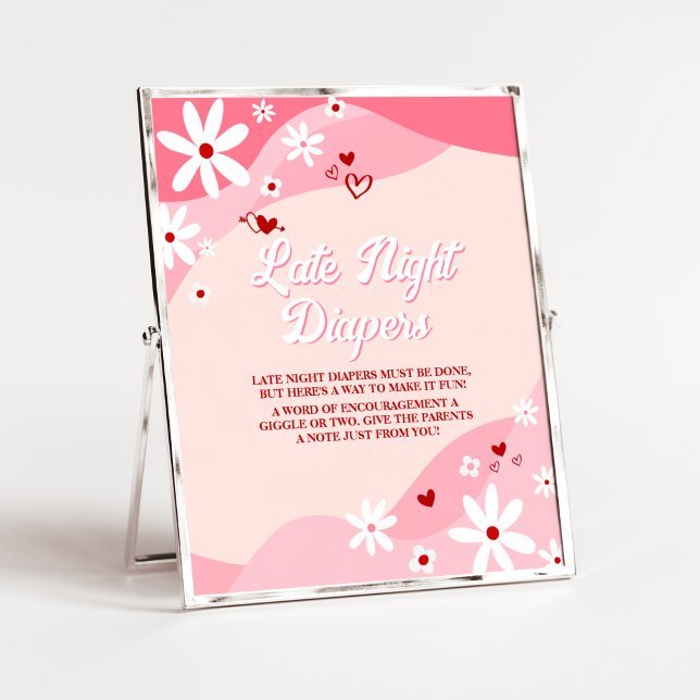 Groovy Valentine Baby Shower Late Night Diapers Poster (Retro Sweetheart Baby Shower Late Night Diapers Signs)