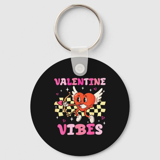 Groovy Valentine Vibes Heart Cud Women Men  Key Ring (Front)