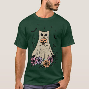 Groovy Vintage Floral Ghost cat Cute Halloween Spo T-Shirt