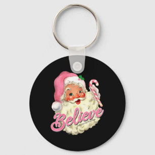 Groovy Vintage Pink Santa Claus Believe Christmas Key Ring