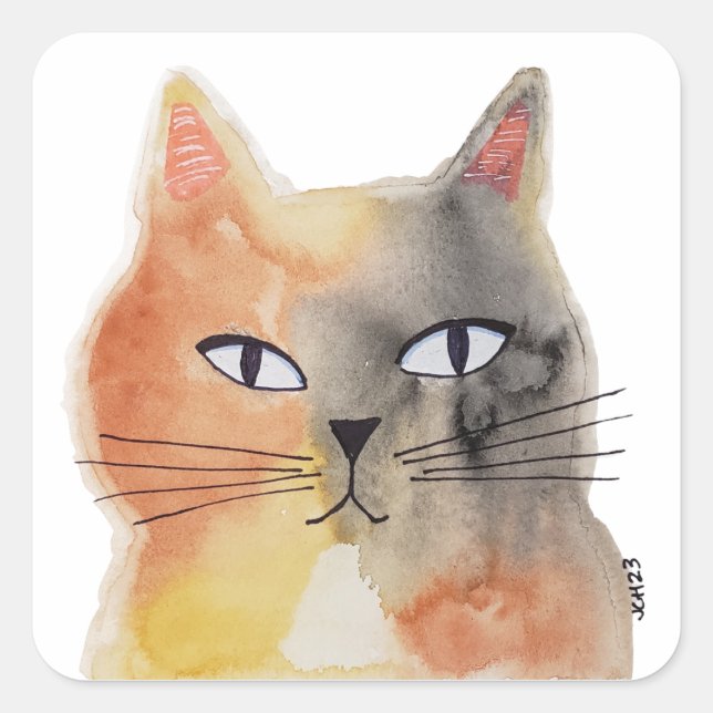 Groovy Watercolor Cat Art Sticker (Front)
