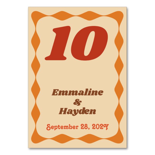 Groovy Wavy Orange and Brown Table Number Card (Front)