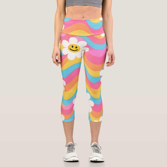 Groovy Wavy Smiley Flower Retro Capri Leggings (Front)