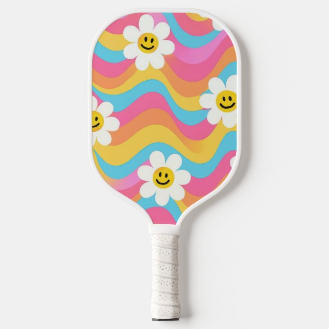 Groovy Wavy Smiley Flower Retro Pickleball Paddle (Front)
