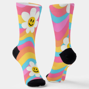 Groovy Wavy Smiley Flower Retro Socks