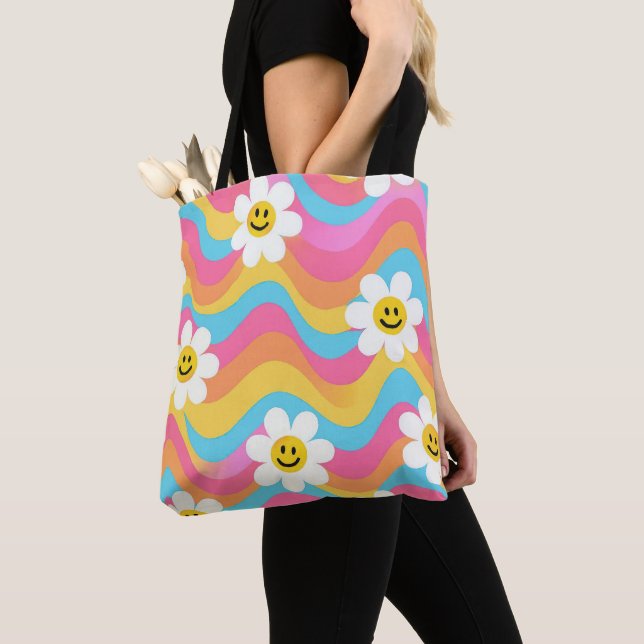 Groovy Wavy Smiley Flower Retro Tote Bag (Close Up)