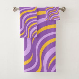 Groovy Wavy Stripe Purple Yellow Abstract Spring Bath Towel Set