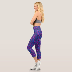 Groovy Wavy Trippy 60s Flower Checks Blue Pink Capri Leggings