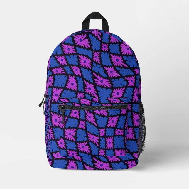 Groovy Wavy Trippy 60s Flower Checks Blue Pink Printed Backpack (Front)