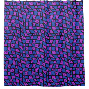 Groovy Wavy Trippy 60s Flower Checks Blue Pink Shower Curtain