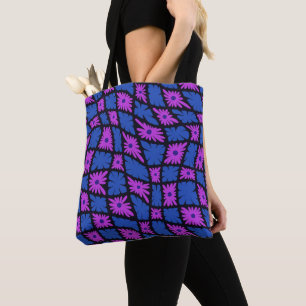 Groovy Wavy Trippy 60s Flower Checks Blue Pink Tote Bag